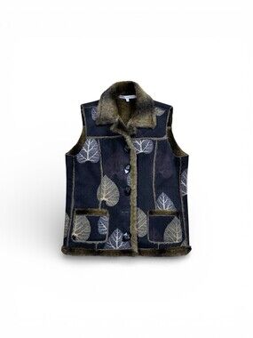 Robert Kitchen Canada VEST Leaves Faux Fur Women's Size L Blue Reversible